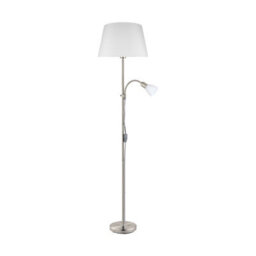 Elegant Satin Nickel Floor Lamp With White Fabric Shade And Glass Bulbs