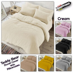Chilimilii Teddy Bear Fleece Duvet Quilt Cover With Pillowcases Soft Warm Cosy Bedding Set (Cream)