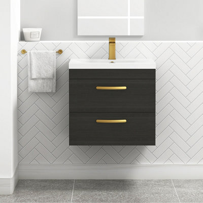 Royal Bathrooms Turin Hale Black 600mm Wall Hung Vanity Unit 2 Drawer With Mid-Edge Basin Sink & Brushed Brass Handles - image 1