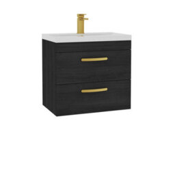 Royal Bathrooms Turin Hale Black 600mm Wall Hung Vanity Unit 2 Drawer With Mid-Edge Basin Sink & Brushed Brass Handles - thumbnail 6