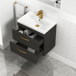 Royal Bathrooms Turin Hale Black 600mm Wall Hung Vanity Unit 2 Drawer With Mid-Edge Basin Sink & Brushed Brass Handles - thumbnail 3