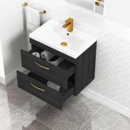 Royal Bathrooms Turin Hale Black 600mm Wall Hung Vanity Unit 2 Drawer With Mid-Edge Basin Sink & Brushed Brass Handles - thumbnail 5