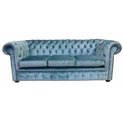 Chesterfield Handmade 3 Seater Sofa Settee Boutique Sky Blue Velvet Fabric In Classic Style - image 1