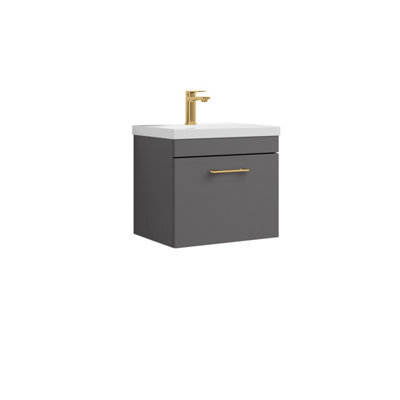Balterley Rio 1 Drawer Wall Hung Vanity Basin Unit - 500mm - Gloss Grey With Brushed Brass D-Shaped Handle (Tap Not Included) - image 1