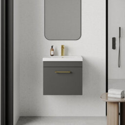 Balterley Rio 1 Drawer Wall Hung Vanity Basin Unit - 500mm - Gloss Grey With Brushed Brass D-Shaped Handle (Tap Not Included) - thumbnail 2