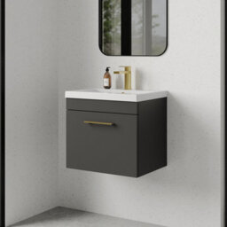 Balterley Rio 1 Drawer Wall Hung Vanity Basin Unit - 500mm - Gloss Grey With Brushed Brass D-Shaped Handle (Tap Not Included) - thumbnail 4