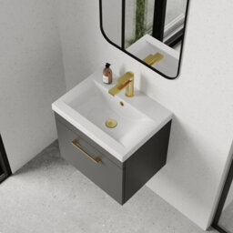 Balterley Rio 1 Drawer Wall Hung Vanity Basin Unit - 500mm - Gloss Grey With Brushed Brass D-Shaped Handle (Tap Not Included) - thumbnail 3