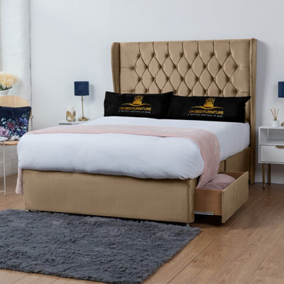 UKBEDFURNITURE Mary Beige Plush Wingback Divan Bed With 2 Foot End Drawers & 54 Inch Headboard - image 1