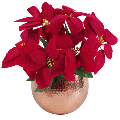 Leaf Artificial Christmas Xmas Red Poinsettia 40Cm Copper Curved Metal Planter - image 1