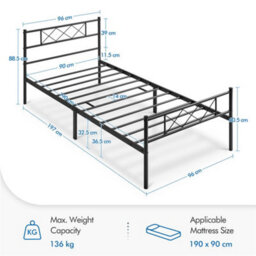 Yaheetech Black 3Ft Single Simple Metal Bed Frame With Cross-Design Headboard & Footboard - thumbnail 4