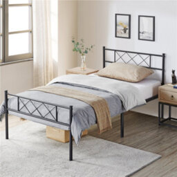 Yaheetech Black 3Ft Single Simple Metal Bed Frame With Cross-Design Headboard & Footboard - thumbnail 1