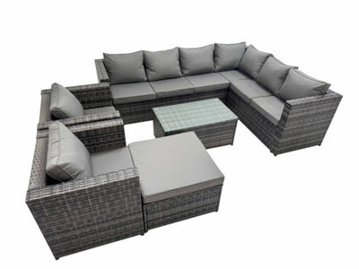 Fimous Patio Sofa Oblong Coffee Table Set Rattan Garden Furniture Set With 2 Chairs Big Stool Dark Grey Mixed - image 1