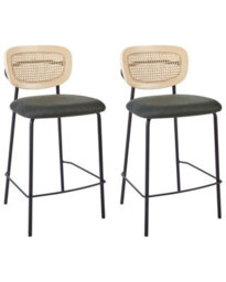 Wyld And Coco Viennese Rattan Bar Chairs Set Of 2 With Dark Green Upholstery, W45 X D43 X H90Cm - thumbnail 3
