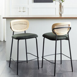 Wyld And Coco Viennese Rattan Bar Chairs Set Of 2 With Dark Green Upholstery, W45 X D43 X H90Cm - thumbnail 2