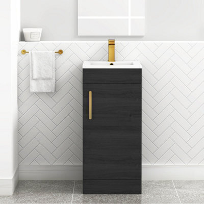 Royal Bathrooms Turin 400mm Floor Standing Vanity Unit & Basin 1 Door Hale Black With Brushed Brass Handle - image 1