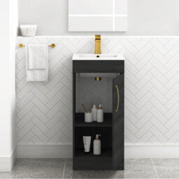 Royal Bathrooms Turin 400mm Floor Standing Vanity Unit & Basin 1 Door Hale Black With Brushed Brass Handle - thumbnail 5