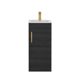 Royal Bathrooms Turin 400mm Floor Standing Vanity Unit & Basin 1 Door Hale Black With Brushed Brass Handle - thumbnail 6