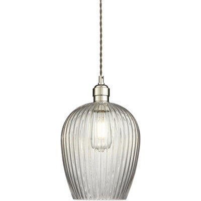 Loops Hanging Ceiling Pendant Light - Bright Nickel Plate & Clear Ribbed Glass - 10W Led E27 - image 1