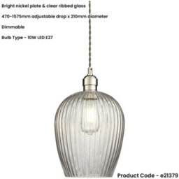 Loops Hanging Ceiling Pendant Light - Bright Nickel Plate & Clear Ribbed Glass - 10W Led E27 - thumbnail 2