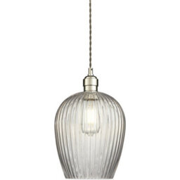 Loops Hanging Ceiling Pendant Light - Bright Nickel Plate & Clear Ribbed Glass - 10W Led E27 - thumbnail 1