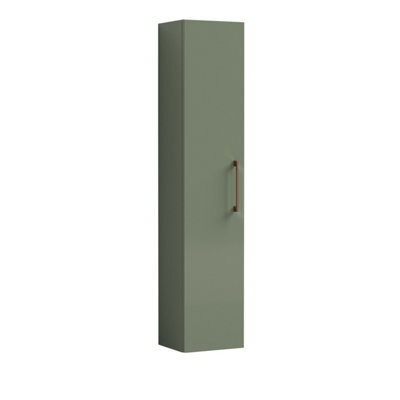 Balterley Bramshall Modern Bathroom 1 Soft Close Door Wall Hung Tall Storage Unit, Satin Green With Copper Handle, 300 mm