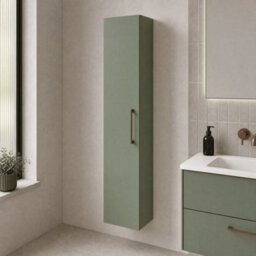 Balterley Bramshall Modern Bathroom 1 Soft Close Door Wall Hung Tall Storage Unit, Satin Green With Copper Handle, 300 mm - thumbnail 3
