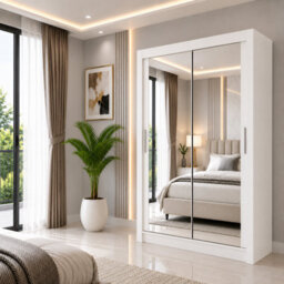 Milan Modern Sliding Mirror Door Wardrobe With Drawers & Shelves- 100/120/150/180/203/250Cm ( White  W150Cm X D62Cm X H216Cm) - thumbnail 3
