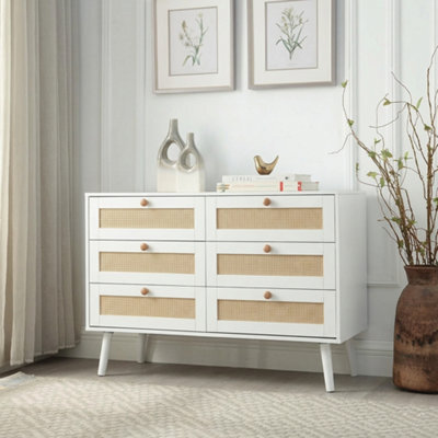 Home Treats White Rattan Chest Of 6 Drawer's White Wooden Dresser Bedroom Storage Furniture - image 1