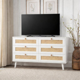Home Treats White Rattan Chest Of 6 Drawer's White Wooden Dresser Bedroom Storage Furniture - thumbnail 5