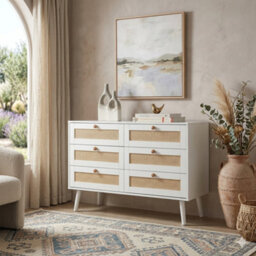 Home Treats White Rattan Chest Of 6 Drawer's White Wooden Dresser Bedroom Storage Furniture - thumbnail 6