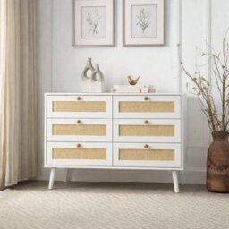 Home Treats White Rattan Chest Of 6 Drawer's White Wooden Dresser Bedroom Storage Furniture - thumbnail 2