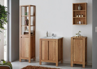 Impact Furniture Freestanding Bathroom Cabinets Furniture Set 600mm Vanity Sink Unit Tall Slim Storage Cabinet And Wall Shelf Oak Effect Classic - image 1