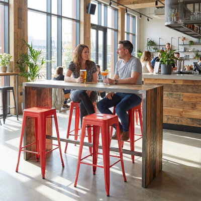 "Fwstyle Bistro Metal Bar Stools Set Of 4 30"" Red Gloss Galvanised Steel Indoor & Outdoor Ready Assembled" - image 1