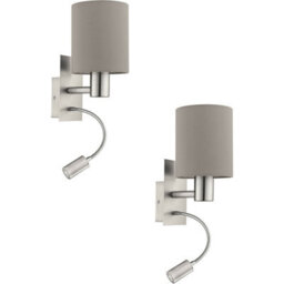 Satin Nickel Wall Light - 2 Pack With Taupe Fabric Shade - Energy Efficient Led Sconces