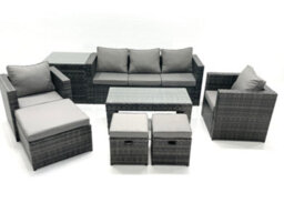 Fimous 8 Seater Rattan Garden Furniture Set Outdoor Lounger Sofa Coffee Table 2 Armchair 3 Stools Side Table Dark Grey Mixed - thumbnail 1