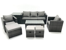 Fimous 8 Seater Rattan Garden Furniture Set Outdoor Lounger Sofa Coffee Table 2 Armchair 3 Stools Side Table Dark Grey Mixed - thumbnail 2