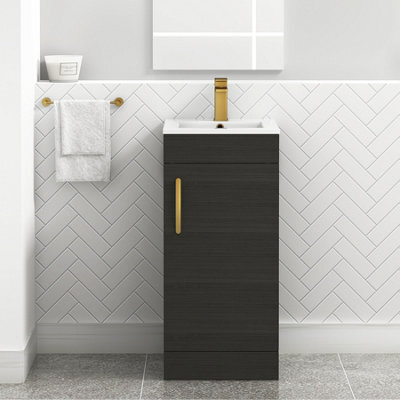 Royal Bathrooms Turin 400mm Floor Standing Vanity Unit & Basin 1 Door Charcoal Oak With Brushed Brass Handle - image 1