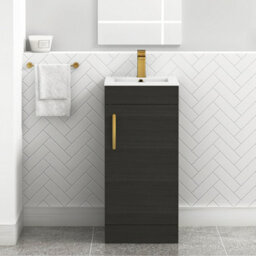 Royal Bathrooms Turin 400mm Floor Standing Vanity Unit & Basin 1 Door Charcoal Oak With Brushed Brass Handle - thumbnail 1