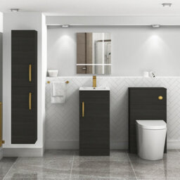 Royal Bathrooms Turin 400mm Floor Standing Vanity Unit & Basin 1 Door Charcoal Oak With Brushed Brass Handle - thumbnail 4