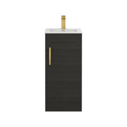 Royal Bathrooms Turin 400mm Floor Standing Vanity Unit & Basin 1 Door Charcoal Oak With Brushed Brass Handle - thumbnail 5