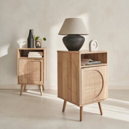 Sweeek. Pair Of Wood And Rounded Cane Rattan Bedside Tables Eva Natural 40X39X70 Cm - thumbnail 1