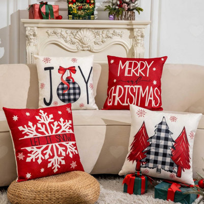 Amorly Set Of 4 Red 18X18Inch Christmas Throw Pillow Covers, Joy Xmas Tree Printed Cushion Cases For Sofa Couch Merry Xmas Home Styling - image 1