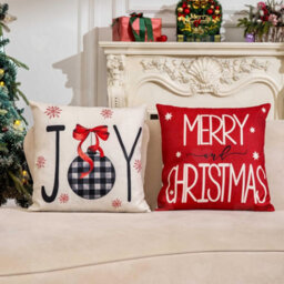 Amorly Set Of 4 Red 18X18Inch Christmas Throw Pillow Covers, Joy Xmas Tree Printed Cushion Cases For Sofa Couch Merry Xmas Home Styling - thumbnail 3