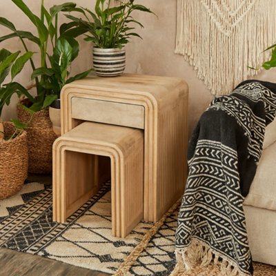 Wyld Haus Arizona Set Of 2 Mango Wood Nesting Tables With Drawer, Carved Fluted Design - image 1