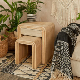 Wyld Haus Arizona Set Of 2 Mango Wood Nesting Tables With Drawer, Carved Fluted Design - thumbnail 1