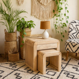 Wyld Haus Arizona Set Of 2 Mango Wood Nesting Tables With Drawer, Carved Fluted Design - thumbnail 2
