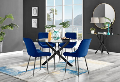 Furniturebox Uk Novara Black Leg 120Cm Round Glass Dining Table & 4 Navy Pesaro Black Leg Chairs - image 1
