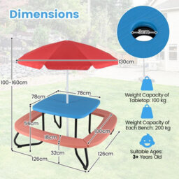 Gainoom Outdoor Kids Picnic Table Blue Hdpe Table W/height Adjustable Umbrella - thumbnail 2