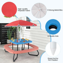 Gainoom Outdoor Kids Picnic Table Blue Hdpe Table W/height Adjustable Umbrella - thumbnail 8