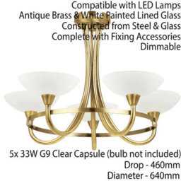 Semi Flush Ceiling Light Antique Brass & White 5 Bulb Hanging Pendant Lamp Shade - thumbnail 2